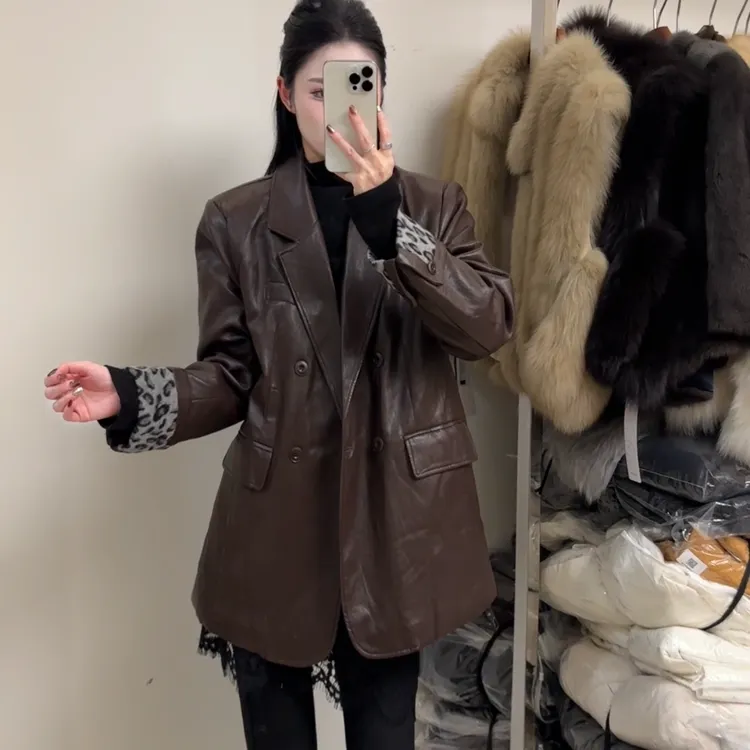 韩版东大门简约时尚百搭加棉拼接袖皮衣267