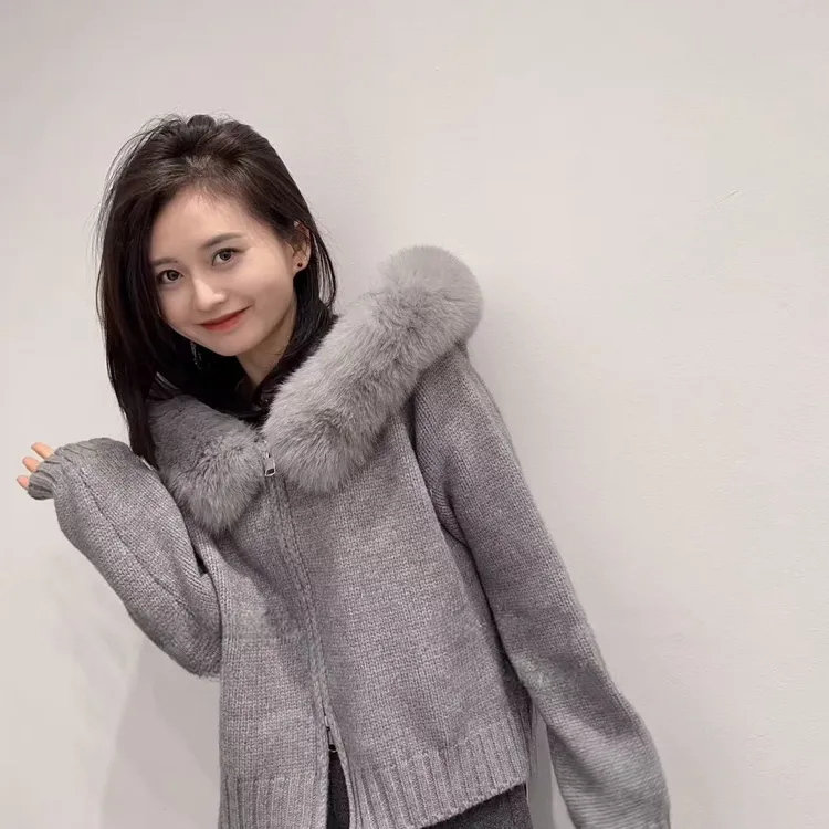 韩系大毛领连帽拉链慵懒千金风毛衣开衫外套秋冬高级感针织衫上衣