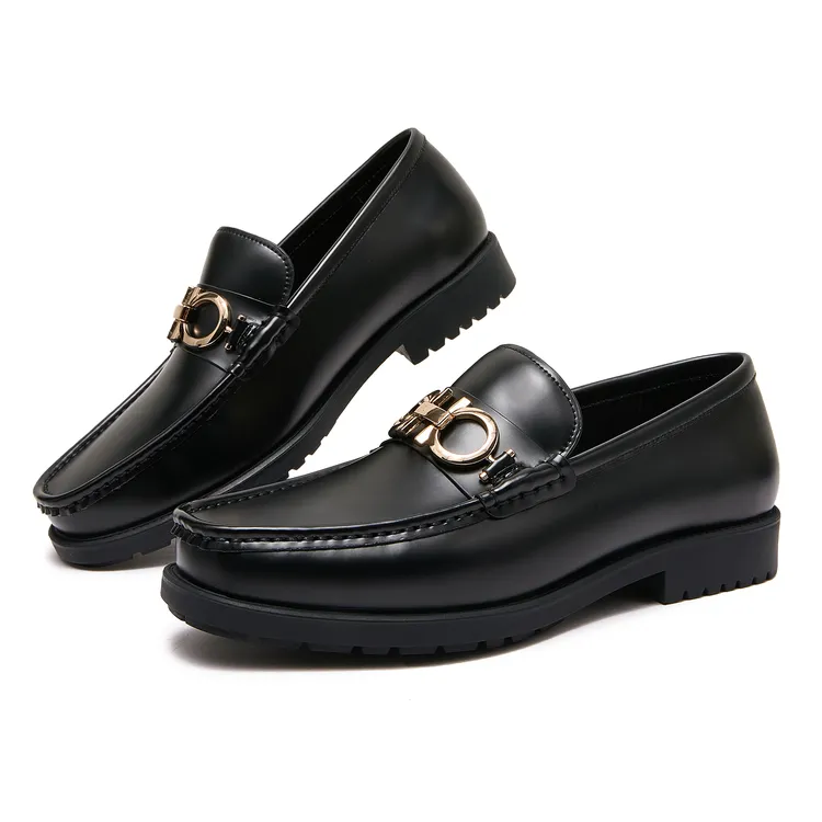 2025新款真皮一脚蹬方头低帮乐福鞋黑色百搭男士正装商务软底皮鞋