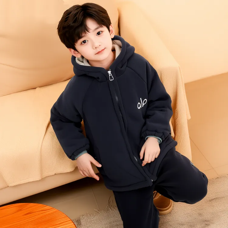 【a丨o】中大童冬装休闲风加绒连帽家居服套装韩版保暖休闲