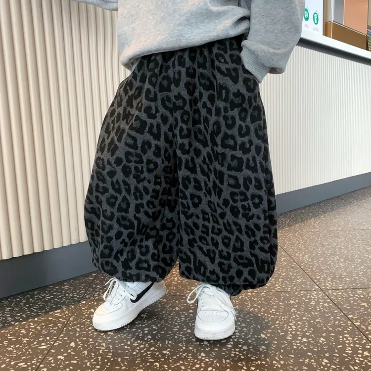【加绒加厚】2025新款男女潮童洋气秋冬加绒款宽松韩版豹纹裤