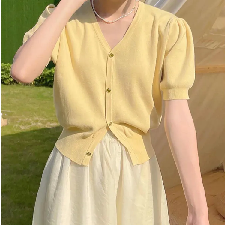 夏季复古法式针织女小开衫上衣V领泡泡袖短款短袖冰丝高级感小众
