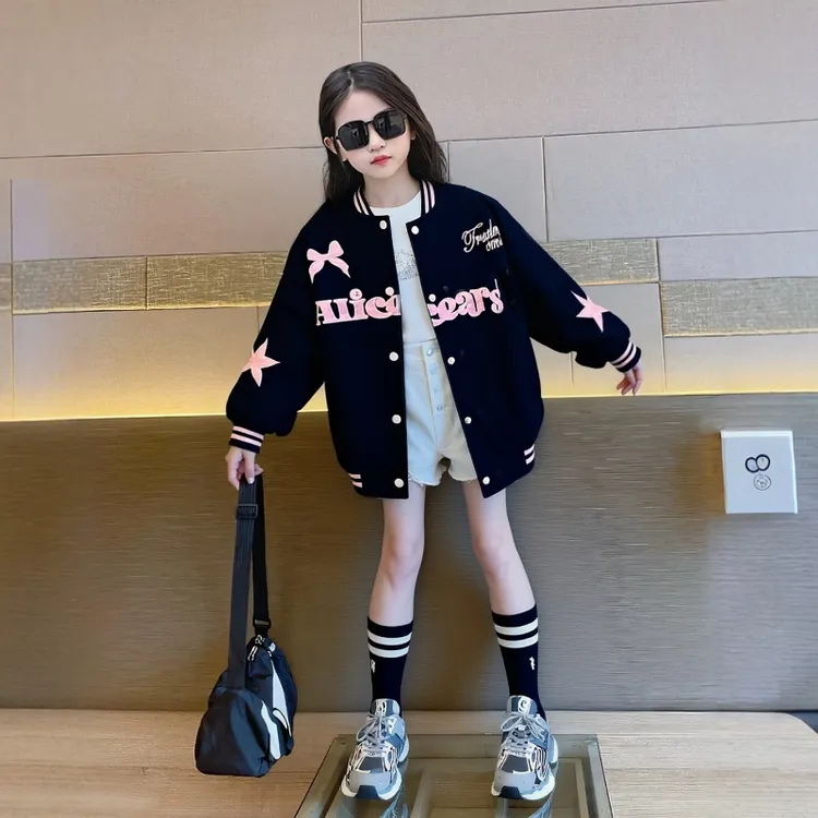 女童韩版时髦春秋季棒球服2025儿童新款洋气韩版立领潮搭字母外套