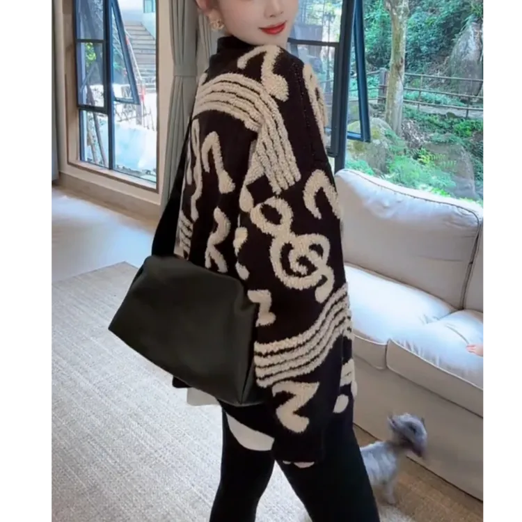 【网红同款】2慵懒风软糯音符撞色图案女春秋宽松长袖针织开衫外套