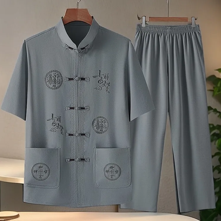 中国风唐装男中老年爸爸夏季短袖冰丝老年人衣服男士爷爷夏装套装
