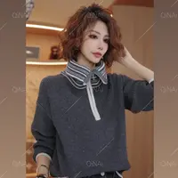 七奈 「波趟」简约拼色翻领半拉链针织毛衣QN13368
