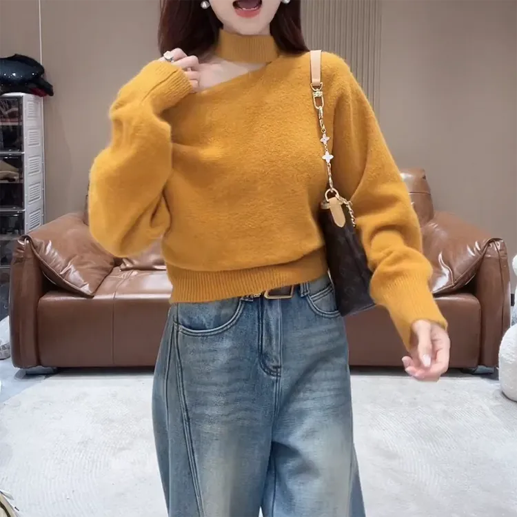 【狐狸美人】韩版设计感挂脖软糯时尚厚款纯色气质毛针织衫 W1165