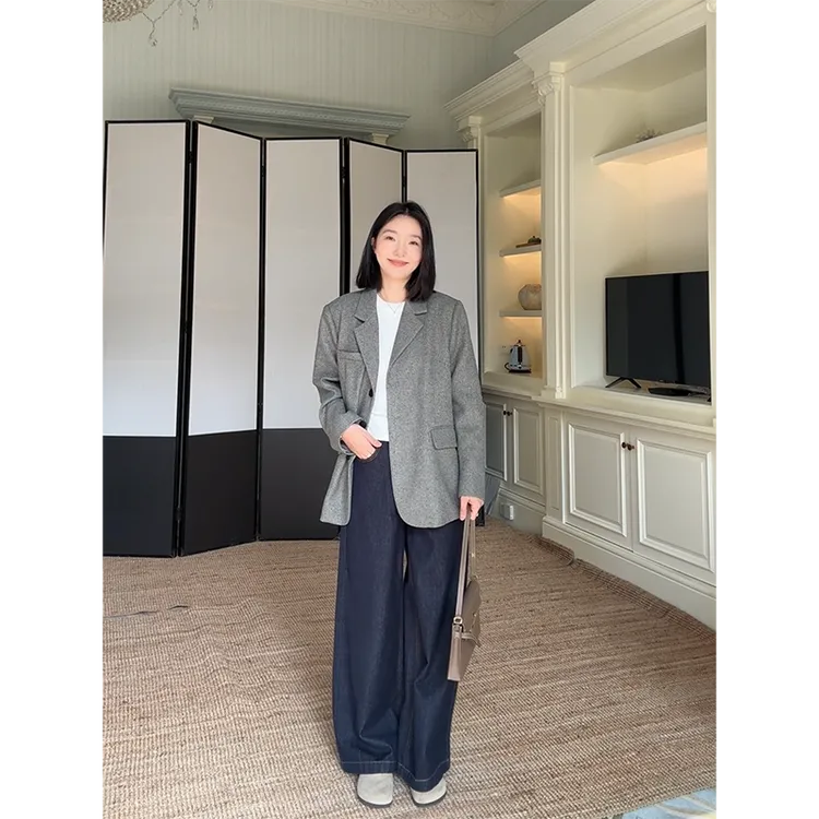 郭九九呢 羊毛高知宽松显瘦毛呢西装外套高腰牛仔裤 G925A17397