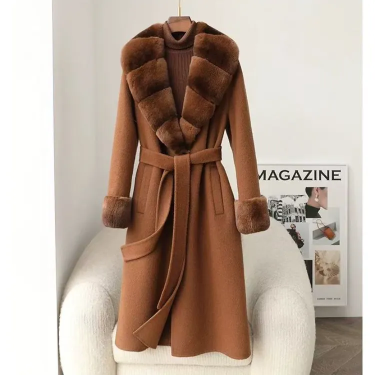 2025新款秋冬高级感时尚气质大毛领腰带毛呢外套5919#