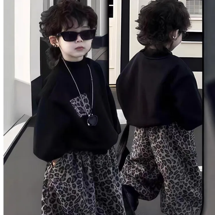 男女宝秋季新款亲子套装豹纹卫衣灯笼裤两件套装韩版百搭时尚洋气