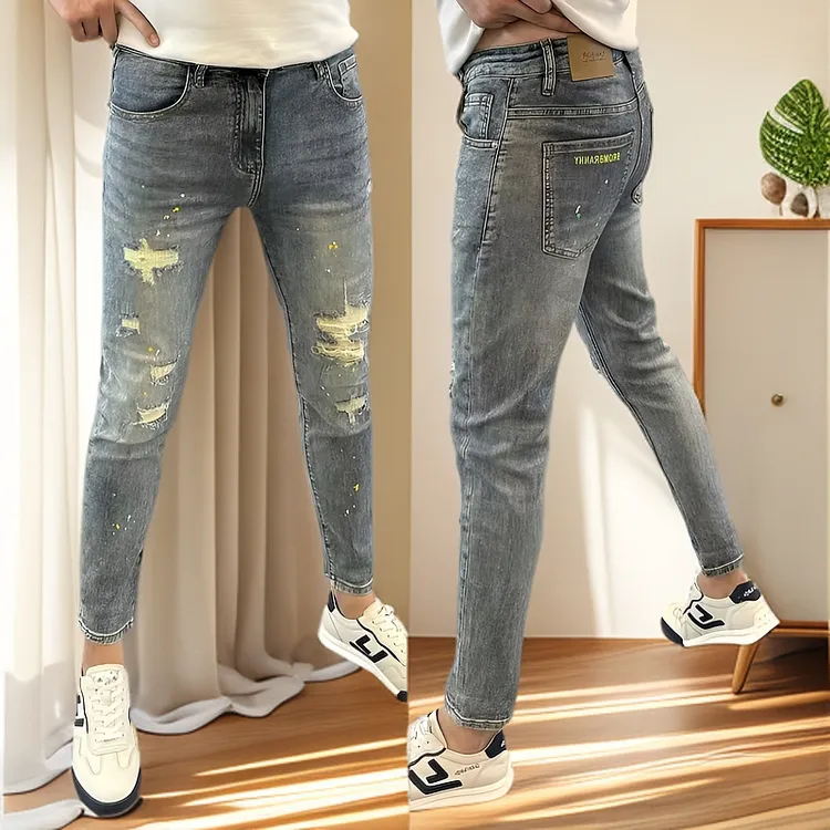 浅色破洞牛仔裤男夏季薄款男裤个性泼墨小脚裤字母印花男士九分裤