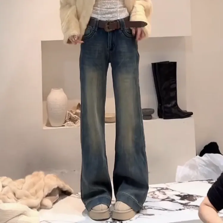 时尚百搭加厚加绒做旧高腰长裤怀旧复古色牛仔裤LK2508160