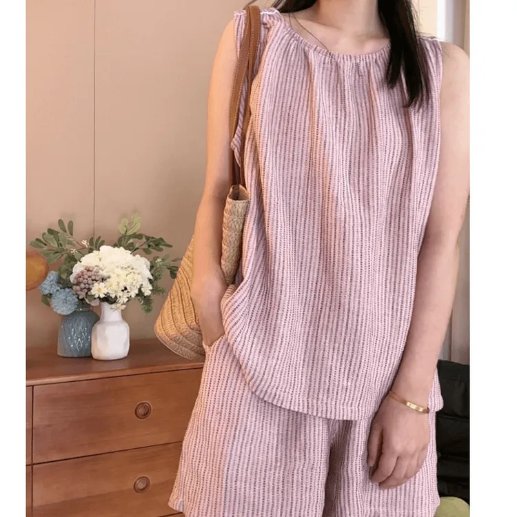 【韩系甜美】无袖条纹睡衣女款爆款2025新款短袖短裤舒适家居服套装