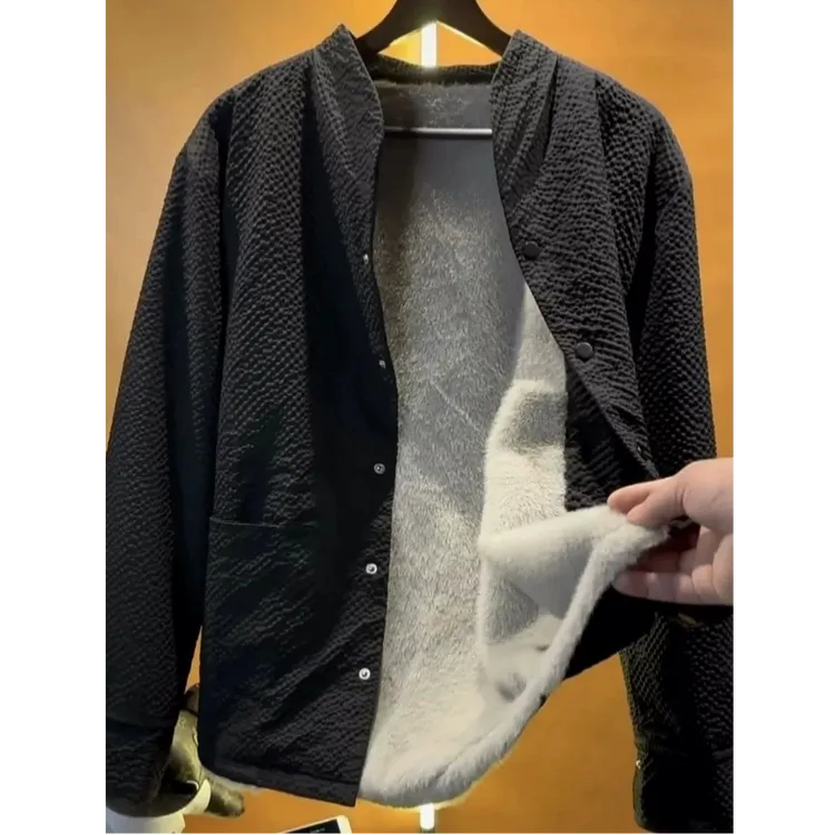 冬季大码300斤座山雕泡泡纱加绒保暖男士夹克休闲老钱风防寒外套