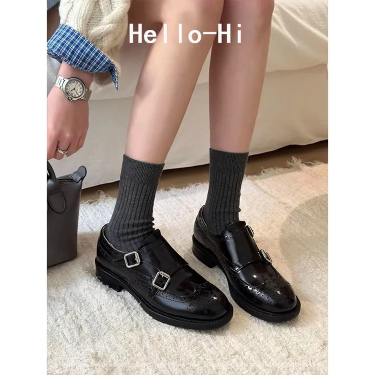 羊皮版~英伦风雕花扣带布洛克鞋秋冬新款厚底小皮鞋女粗跟乐福鞋