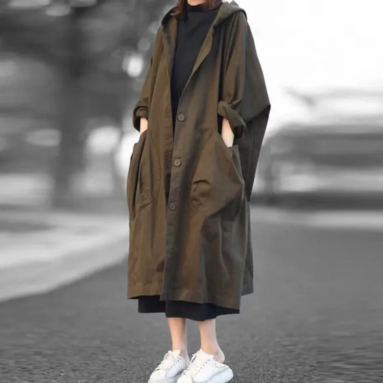 ZHANGJIA法式春秋复古连帽欧美文艺宽松百搭慵懒长款风衣大口袋
