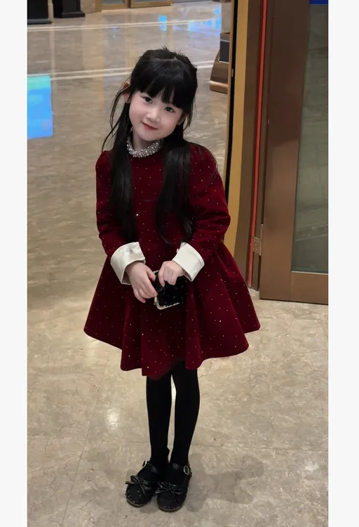  女童加绒连衣裙冬季新款小女孩名媛风生日裙公主丝绒裙新年服潮
