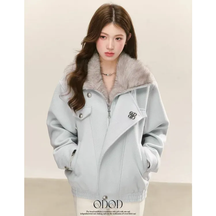 QDQD 复古翻毛领蓝色夹克冬季新款加厚保暖韩系甜美风外套