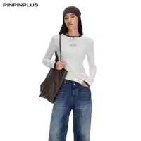 【Ewilling_11】PINPINPLUS棉百搭错位布标长袖T休闲圆领内搭打底衫
