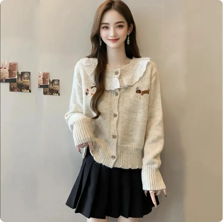 韩系洋气百搭针织衫新品高级感卡通蕾丝减龄毛衣秋冬时尚长袖上衣