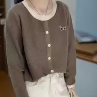 纪凡姬3901-秋冬时尚休闲宽松拼色针织假开衫女士毛衣外套