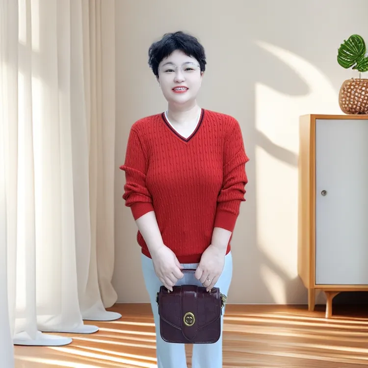 【天丝扭绳V领长袖】（24627）春秋春游大码女士时尚百搭保暖宽松