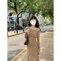 辣妹复古设计感小众斜肩收腰显瘦印花显高连衣裙Q 9536#