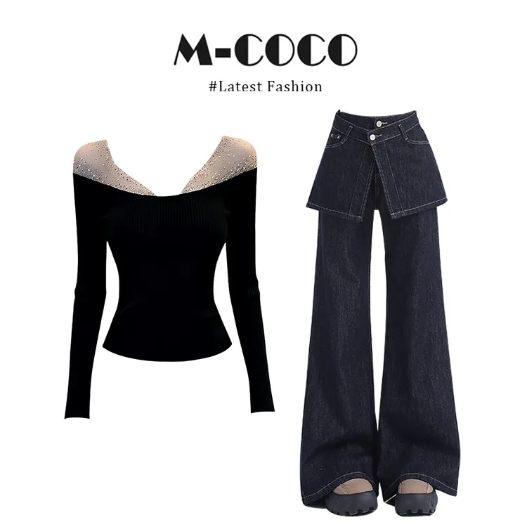 MARIE.COCO冬季新款时髦重工烫钻一字肩针织衫假两件牛仔裤两件套