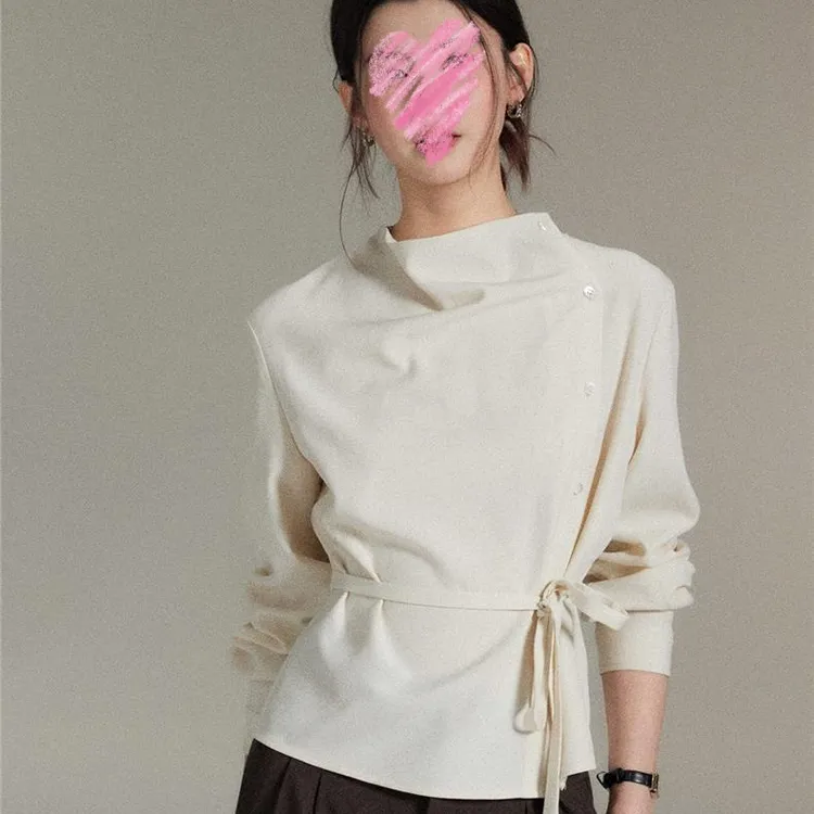 炽铂秋款【时宜】简约不对称荡领斜门襟绑带收腰上衣女高级感衬衫