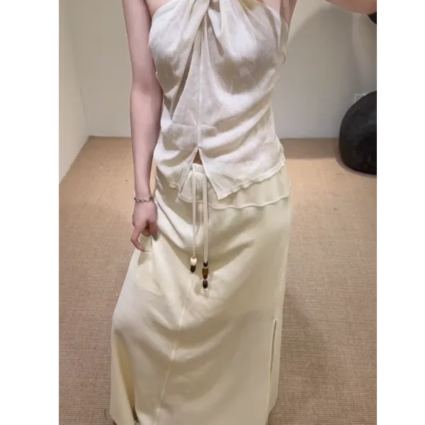 【香肩美人】法式设计高级感背心金属扣挂脖吊带小上衣系带半身裙女