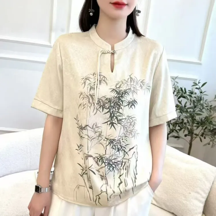 2025春夏新款国风短袖衫妈妈装端庄大气贵妇人流苏短款上衣富贵竹