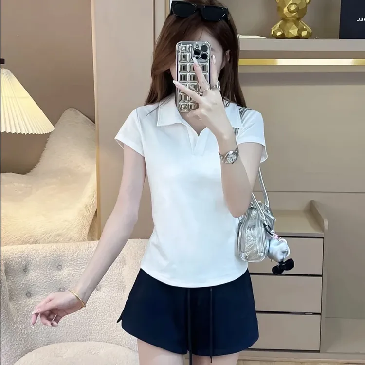 2025夏季新款polo领短袖T桖韩版修身显瘦百搭简约潮流上衣服女装