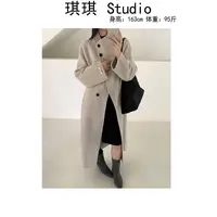 《琪琪家》秋冬新款高品质纽扣款袖标字母长款显瘦减龄大衣外套-77