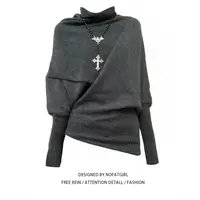 大码胖MM慵懒风高领蝙蝠袖毛衣女秋冬季2025新款不规则针织衫上衣