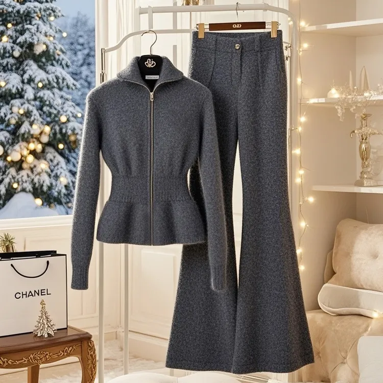 夏装冬季穿搭一整套感减龄气质小香风深灰色毛衣上衣阔腿裤套装女