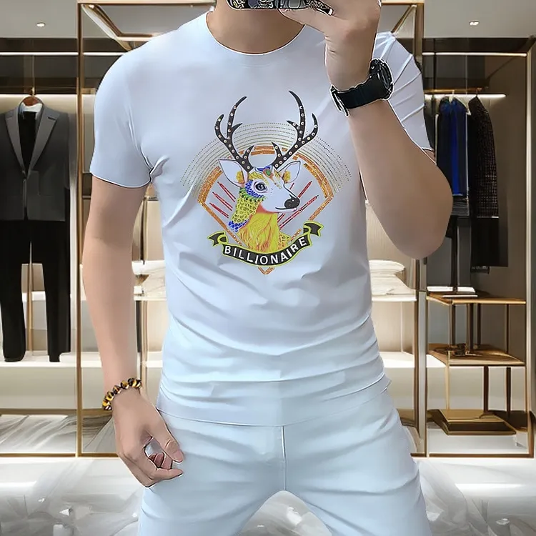 Vaesric Poseidon/瓦萨琪波塞冬夏短袖T恤男时尚休闲烫钻印花上衣