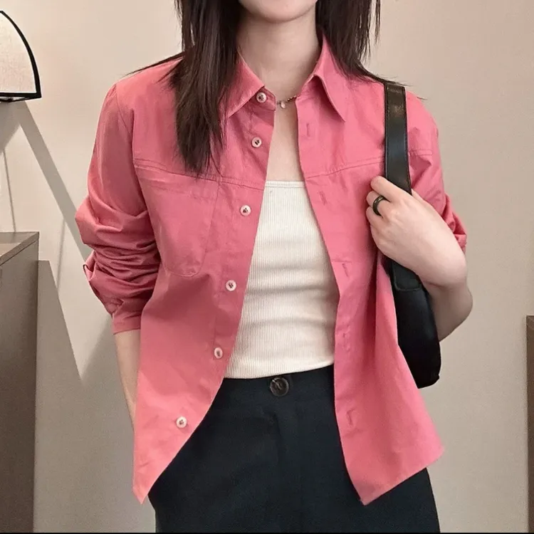 时尚休闲百搭翻领纯色小众衬衫女2025新款春季设计感气质长袖衬衣