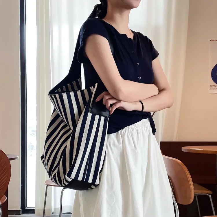 复古条纹单肩包托特包百搭帆布包通勤休闲百搭学生包包女大容量