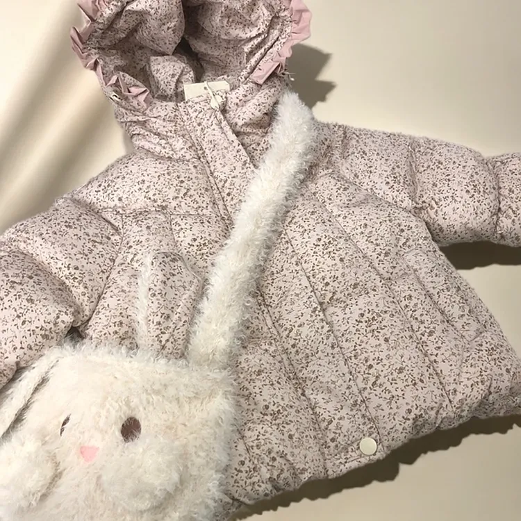 超韩系小碎花保暖棉服加毛带可爱包包新年款