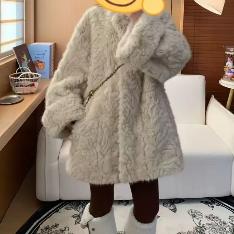 【MaiMai麦麦】2025新款韩版中长款气质立领仿小湖羊时尚毛毛外套