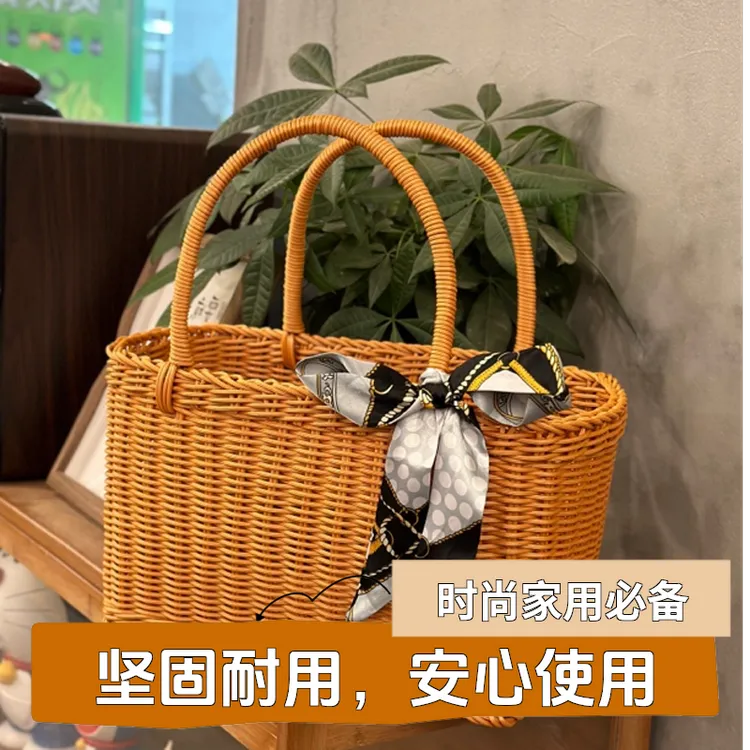 T5【榜一爆款送丝巾】经典网红买菜购物买菜篮仿藤编手工超市提织筐