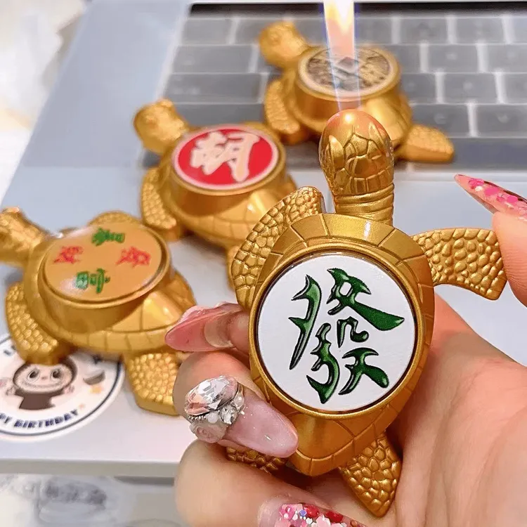 高端防风定制点烟转盘小乌龟打火机摆件明火海龟创意造型送松弛感