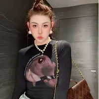 【HAV】  新款时髦百搭圆领修身显瘦字母人像印花长袖套头上衣