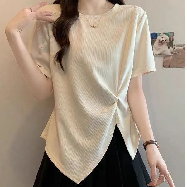 大码女独特不规则时尚修身短袖t恤微胖mm洋气百搭遮肚显瘦上衣夏