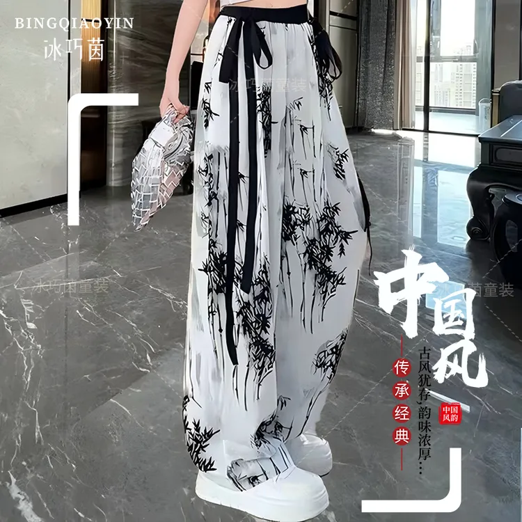 女童新款夏季儿童中大童国风裤冰感洋气休闲宽松防蚊裤显瘦休闲裤