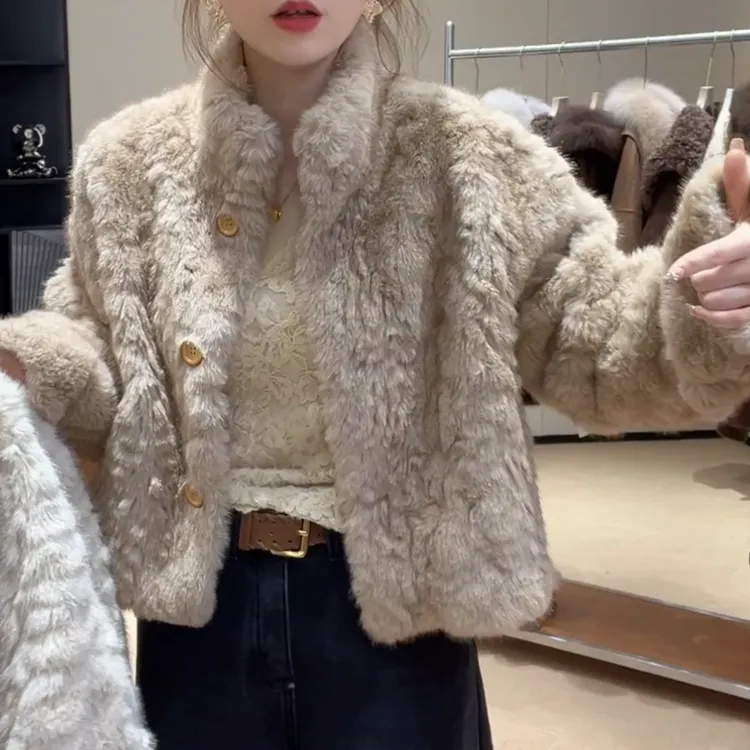 冬季新款复古立领洋气时尚纽扣毛毛短款外套上衣LK2508723