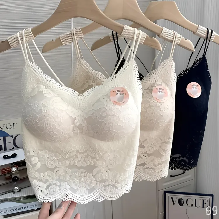 性感蕾丝吊带背心内搭女带胸垫交叉带无钢圈薄款美背内衣文胸一体