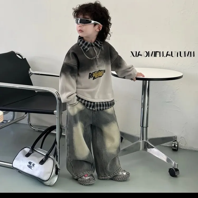 男童加绒卫衣加厚Polo衫冬装中小儿童宝宝帅气男孩牛仔长裤两件套