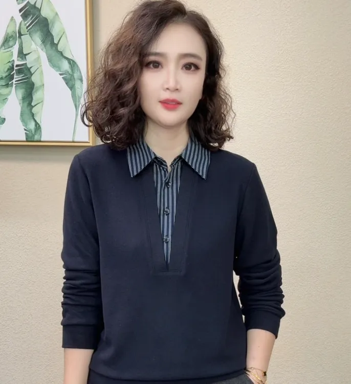 2025秋季新款衬衫领洋气时尚百搭休闲假两件秋装女装上衣#640876