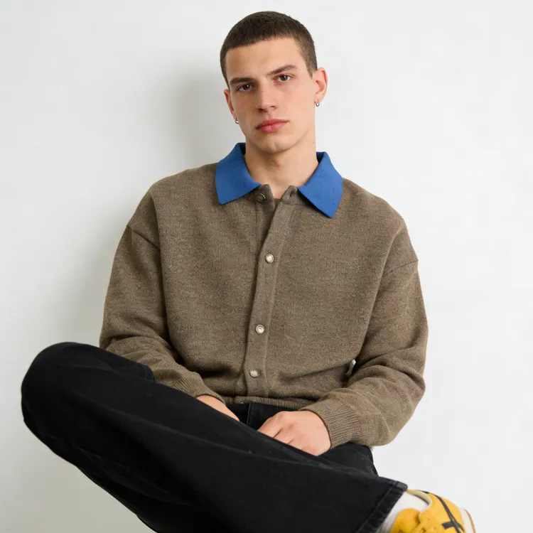 可拆领高级感拼接撞色POLO翻领针织衫男春季上衣拉链开衫毛衣外套